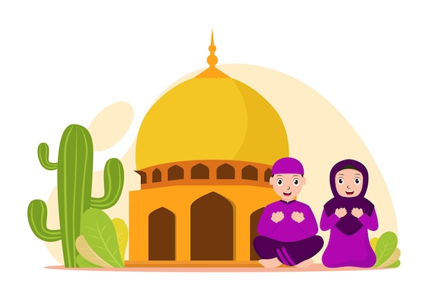 Vector illustration graphic of Muslims who are praying next to the Mosque