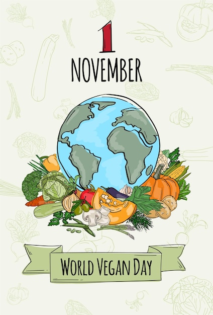 Vector illustration of a greeting card for World Vegan Day with planet and various vegetables