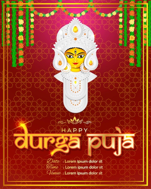 Vector illustration greeting of Happy Durga Puja, Goddess Durga Face in Subh Navratri abstract background.