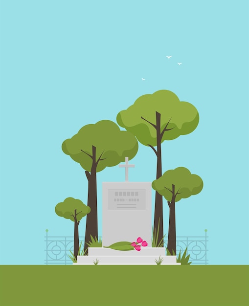 Vector vector illustration grey gravestone with cross on green grass flat tombstone icon