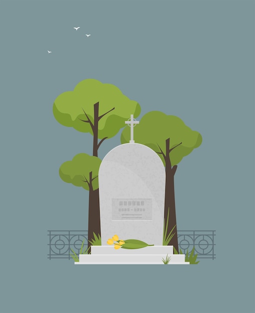 Vector illustration grey gravestone with cross on green grass Flat tombstone icon