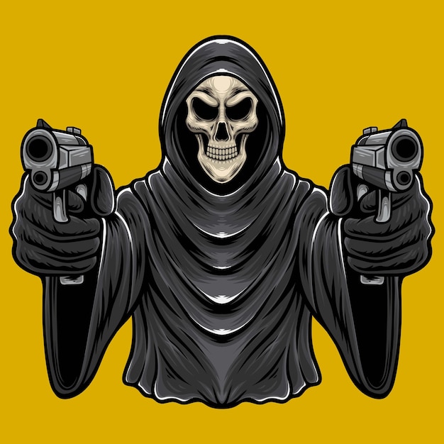 Vector illustration of grim reaper holding a gun with vintage style drawing