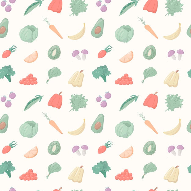 Vector illustration of a group of cartoon objects. Seamless pattern, healthy food with vitamins and minerals. Vegetables, fruits and cereals. Background decoration.