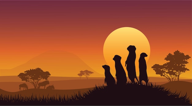 Vector Illustration Group Meerkats Watching Sunset