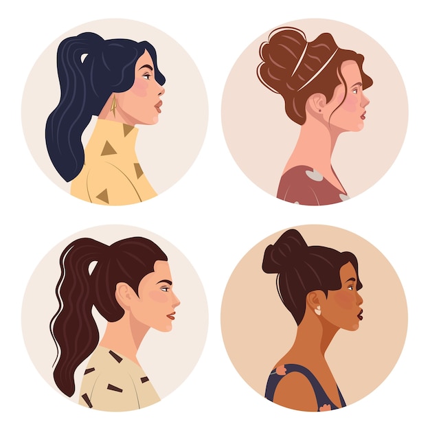 Vector illustration of a group of women in different hairstyles and styles Diversity