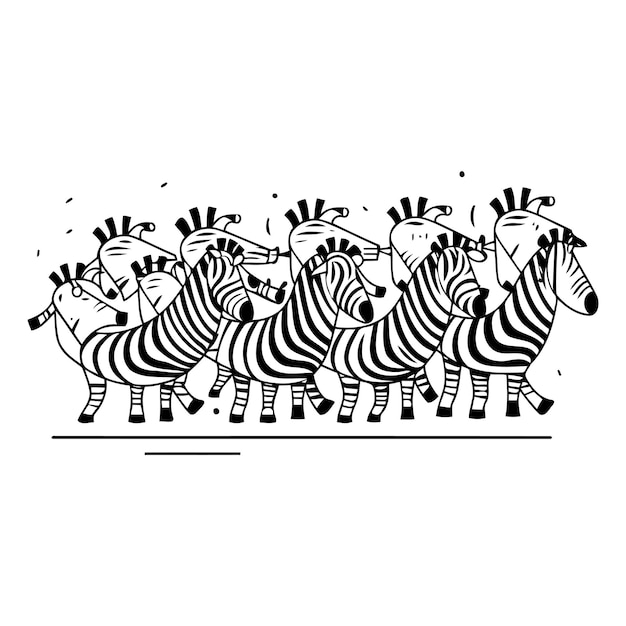 Vector illustration of a group of zebras in black and white