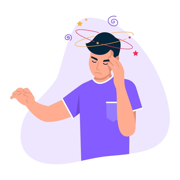 Vector vector illustration of a guy with dizziness feeling unwell cartoon scene with a guy who is dizzy spinning his head isolated on a white background vertigo