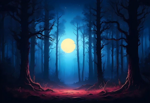 vector illustration of a halloween forest with a full moon in the sky