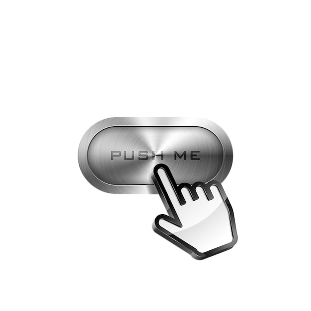 Vector illustration of hand cursor pointing to metallic button