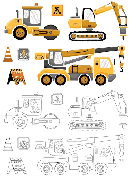 Vector illustration of hand drawn construction vehicles with construction signs Coloring book or page