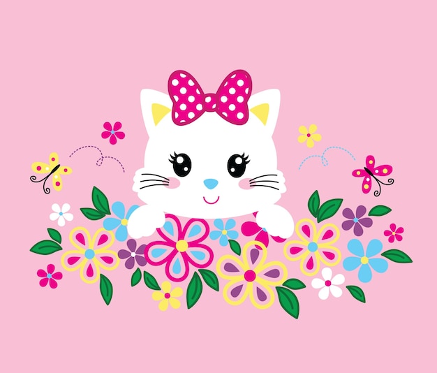 Vector illustration of hand drawn cute bunny and flowers