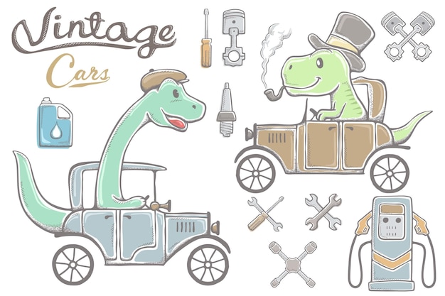 Vector illustration of hand drawn dinosaurs cartoon riding vintage car car parts elements gasoline station car oil canister