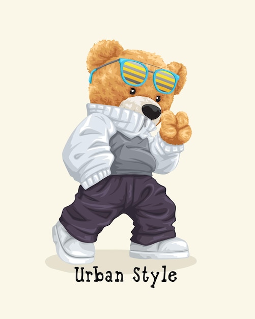 Vector illustration of hand drawn teddy bear in hipster style with victory hand sign