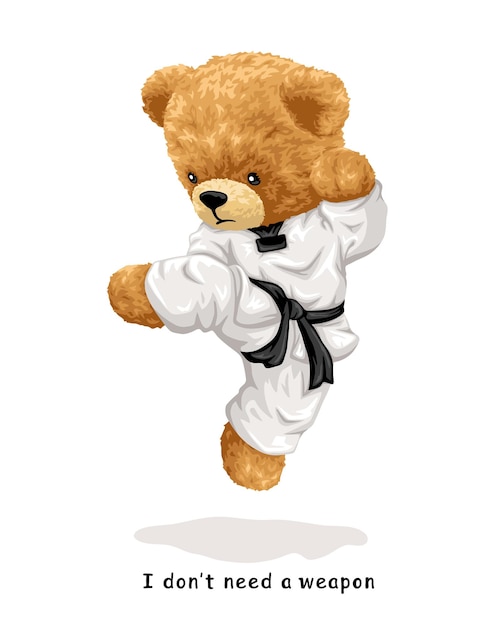 Vector illustration of hand drawn teddy bear in karate uniform doing jump kick