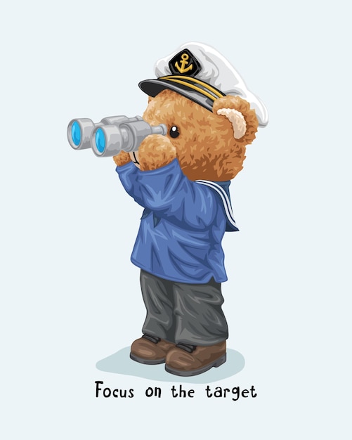 Vector illustration of hand drawn teddy bear in sailor costume with binocular