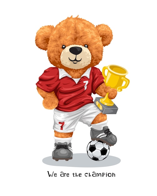 Vector illustration of hand drawn teddy bear in soccer jersey with soccer ball holding a trophy