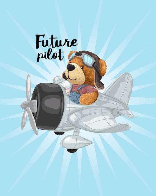 Vector illustration of hand drawn teddy bear on vintage airplane