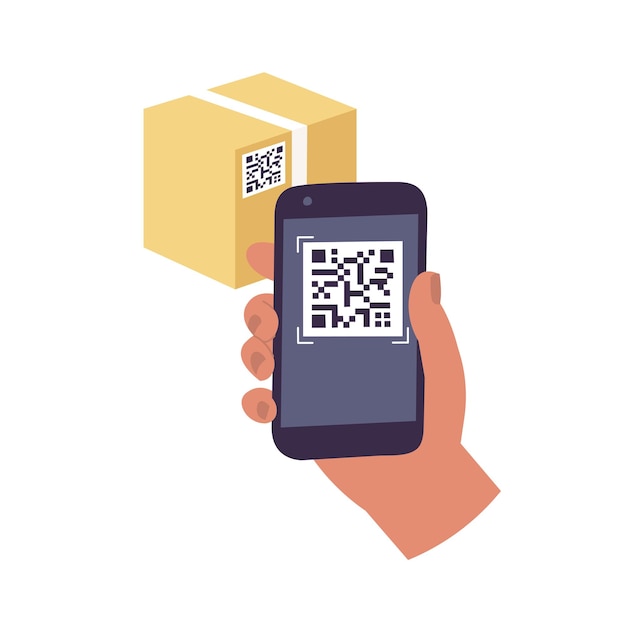 Vector illustration hand holding mobile with code scanner and scanning a QR code on a papercraft box