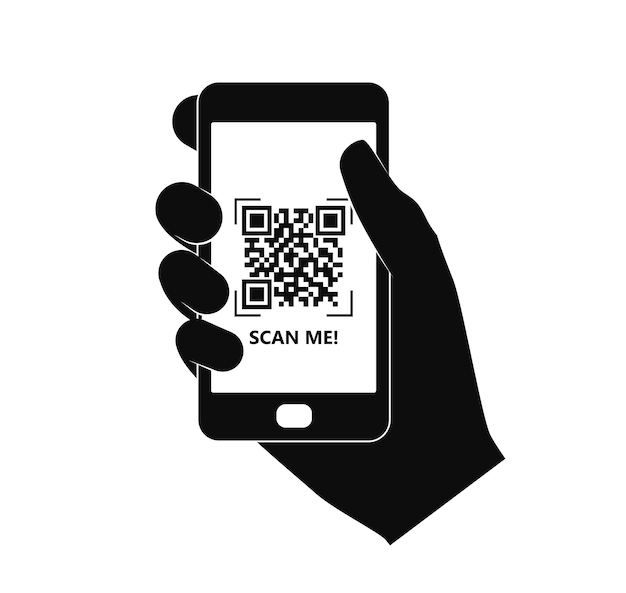 Vector illustration of hand holding smartphone with scanning qr code