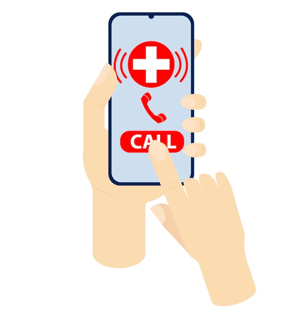 Vector illustration of hands holding a phone making an emergency call to an ambulance