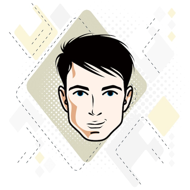 Vector illustration of handsome brunet male face, positive face features, clipart.