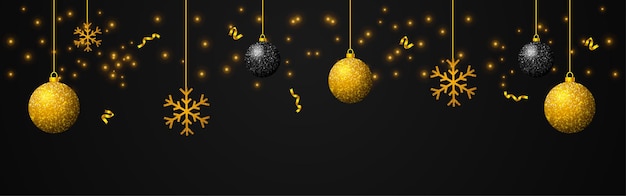 Vector vector illustration of hanging christmas balls with snowflakes and glitter effect background