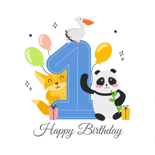 Vector vector illustration happy birthday card with number one animal fenech panda pelican gifts and balloons happy birthday greeting card with unit fenech panda pelican bird balloons gift boxes