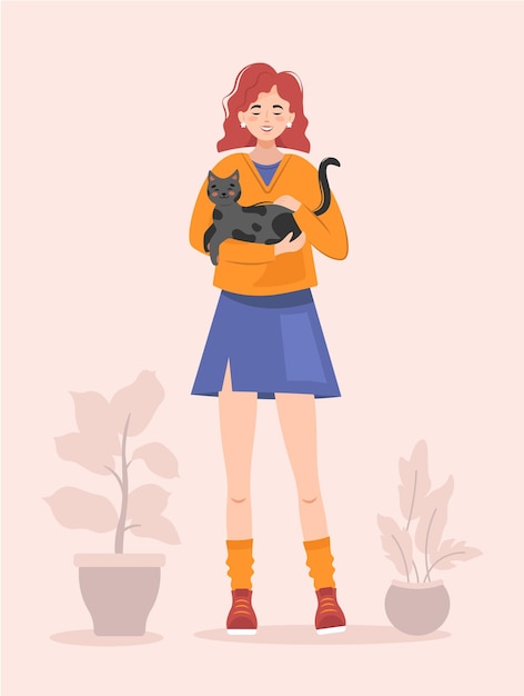 Vector illustration of happy cat owner girl