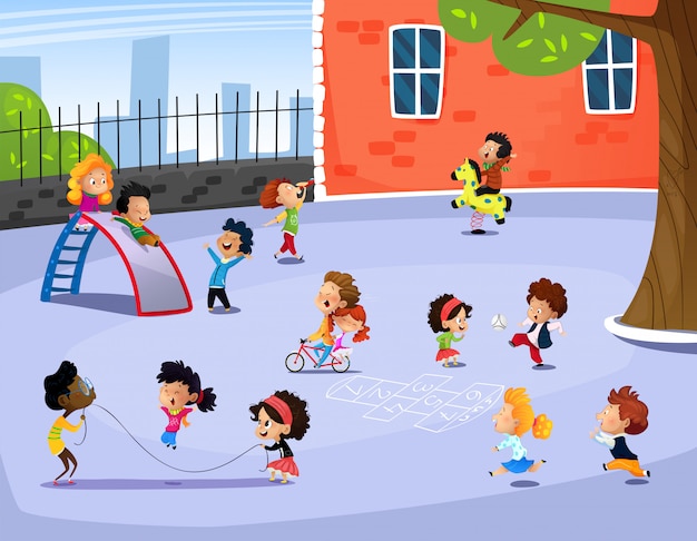 Vector illustration of happy children playing in playground