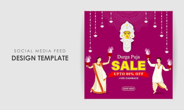 Vector illustration of Happy Durga Puja Sale social media feed template