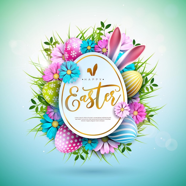 Vector Illustration of Happy Easter Holiday with Painted EggRabbit Ears and Spring Flower