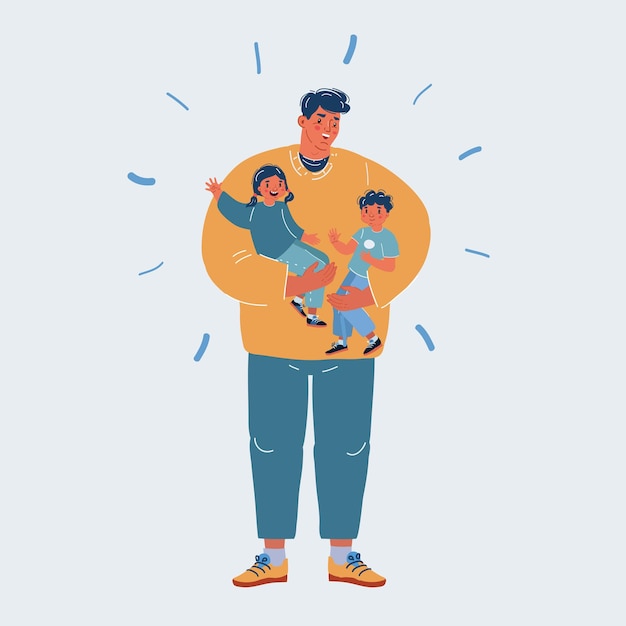 Vector illustration of happy Father with two kids Son and daughter Man hold boy and girl