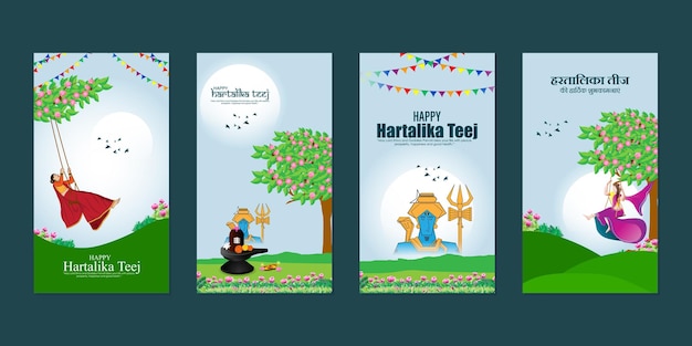 Vector illustration of Happy Hartalika Teej social media feed set template