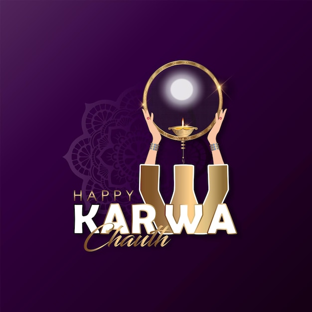 Vector illustration of Happy Karwa Chauth festival card with gold style Background