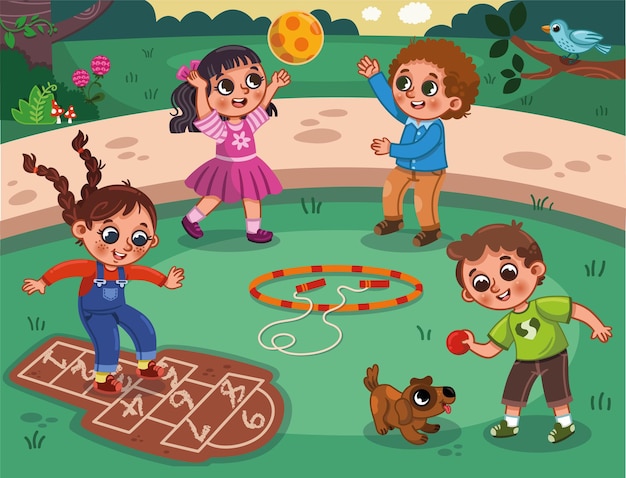 A vector illustration of happy kids playing in the playground