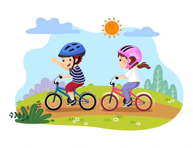 Vector illustration of happy kids riding bicycles in the park.