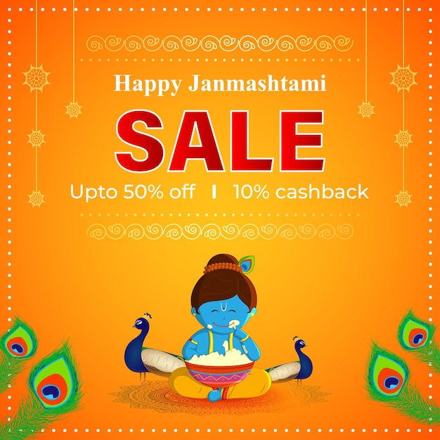 Vector illustration of Happy Krishna Janmashtami Sale social media feed template