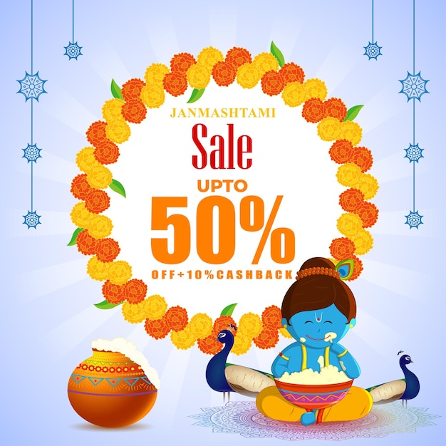 Vector illustration of Happy Krishna Janmashtami Sale social media feed template