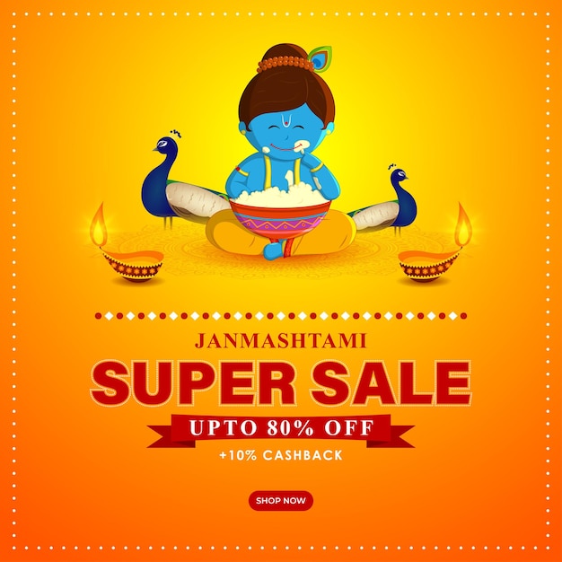 Vector illustration of Happy Krishna Janmashtami Sale social media feed template