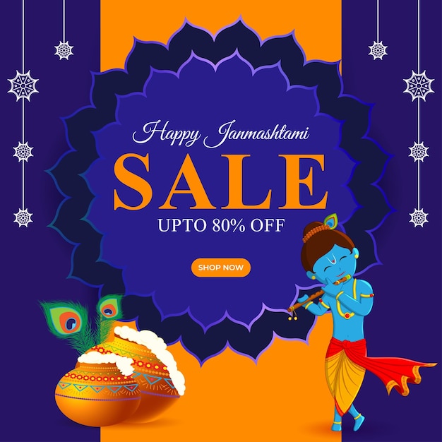 Vector illustration of Happy Krishna Janmashtami Sale social media feed template