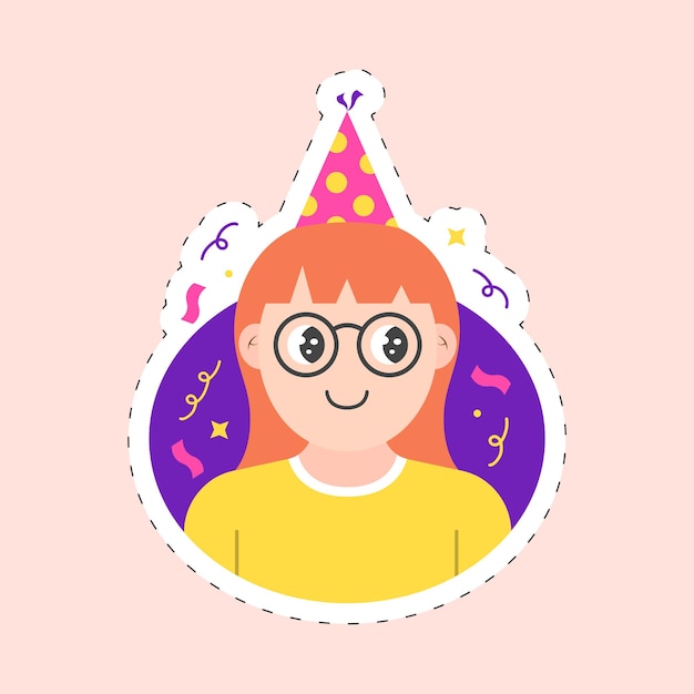 Vector Illustration Of Happy Little Girl Wearing A Party Hat In Sticker Style On Purple And Peach Background