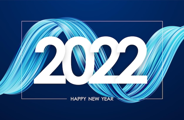 Vector illustration: Happy New Year 2021. Greeting card with blue abstract twisted acrylic paint stroke shape. Trendy design