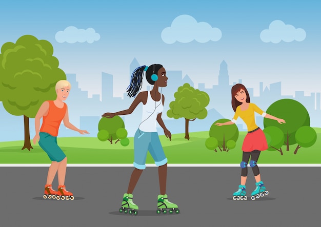 Vector illustration of happy people riding roller skates in the park.