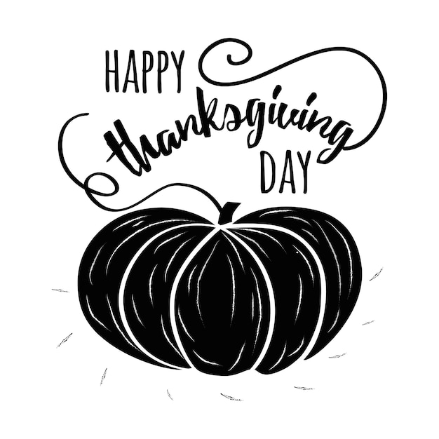 Vector illustration Happy Thanksgiving Day Modern calligraphy phrase with hand drawn pumpkin silhouette on chalk style Typography design for greeting card invitation print Black image on white