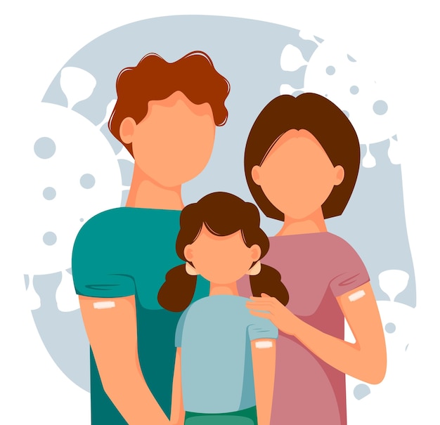 Vector illustration of happy vaccinated family with kids Mother father daughter