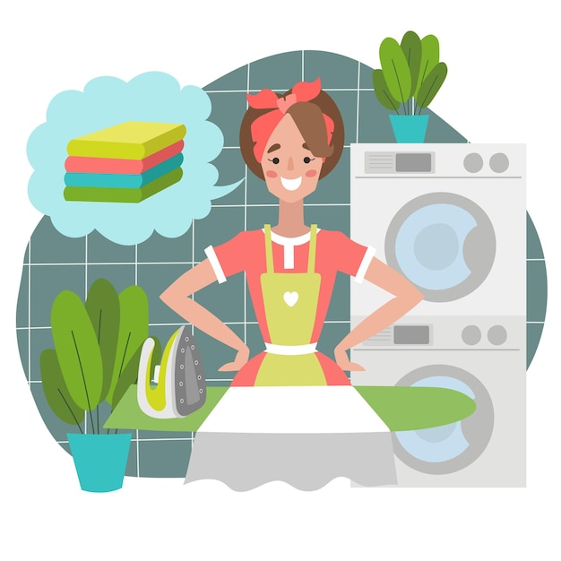 Vector illustration of a happy woman washing and ironing clean clothes