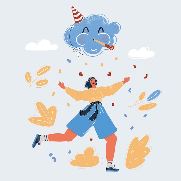 Vector vector illustration of happy woman with arms up and runing to celebrate