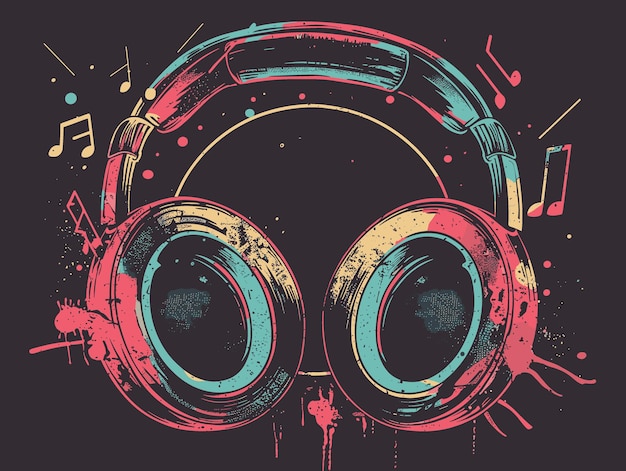 Vector vector illustration of headphones with music notes on dark background music concept