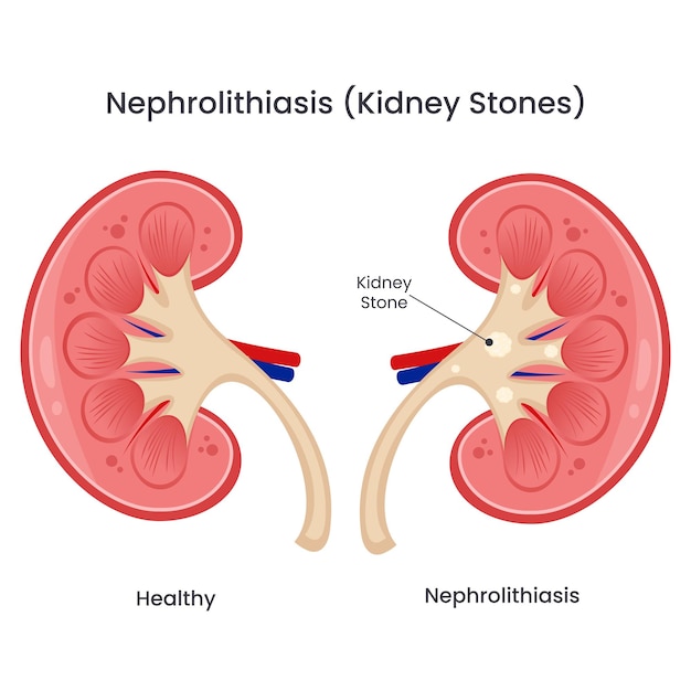 Vector illustration of a healthy kidney compared to a kidney with kidney stones