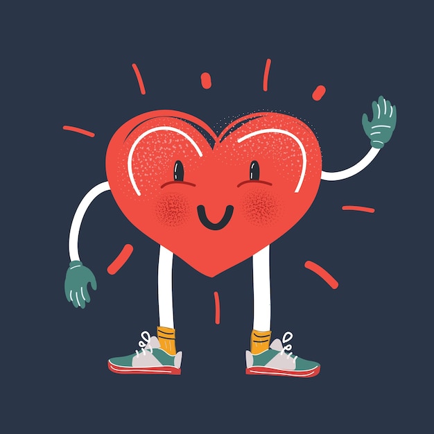 Vector illustration of Heart character on dark background Smiling face and waving hand